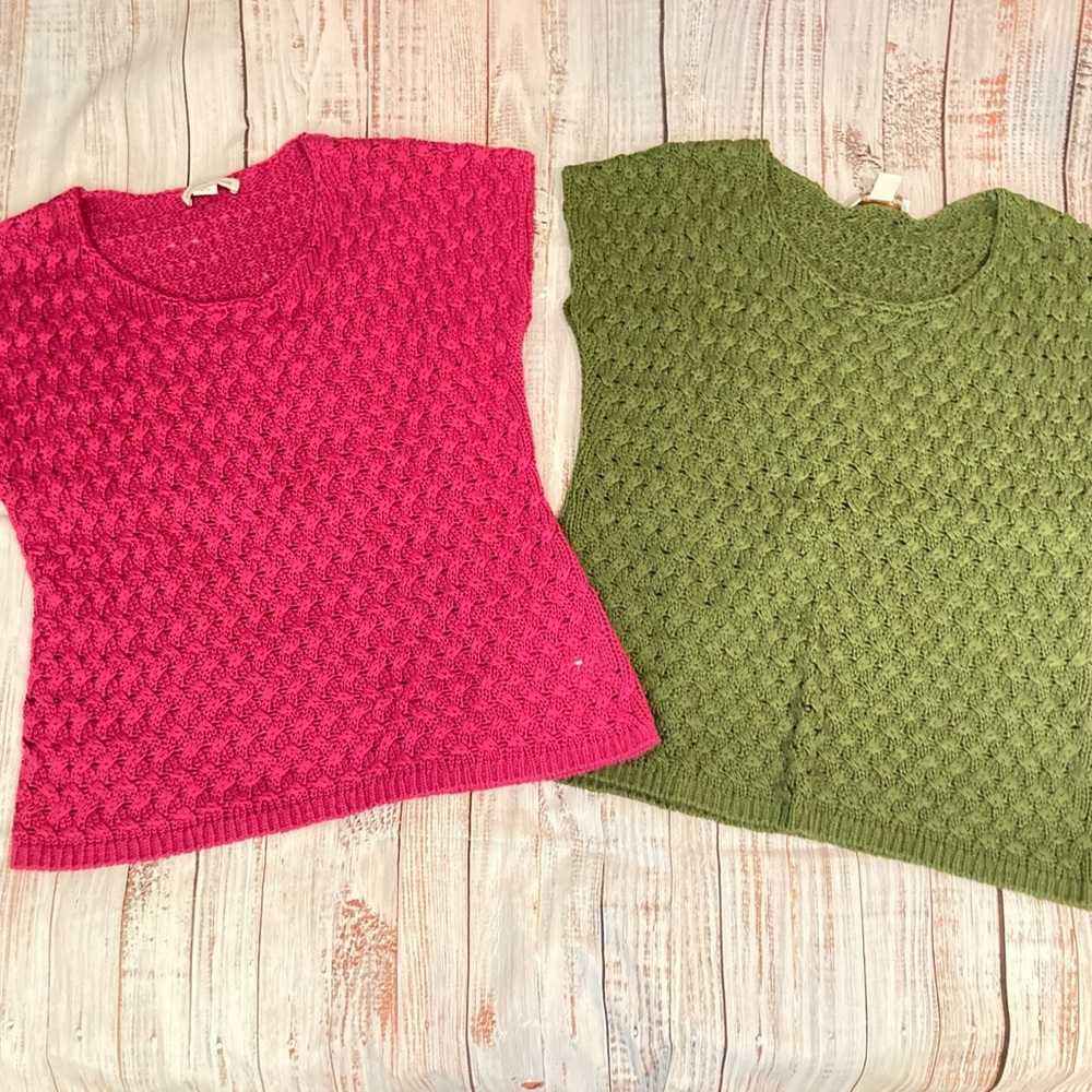 Coldwater Creek Pink & Green Textured Short-Sleeve Sweaters